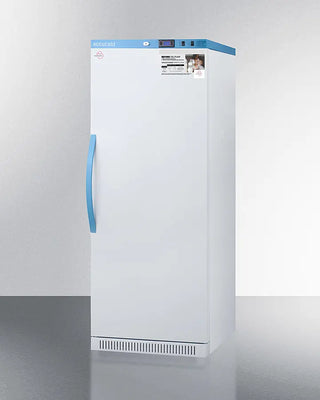 White upright Accucold MLRS12MC 12 Cu.Ft. MOMCUBE® Breast Milk Refrigerator with blue handle on a white background