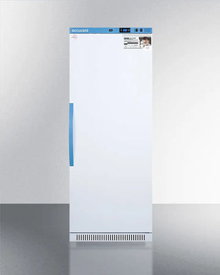 White Accucold MLRS12MC 12 Cu.Ft. MOMCUBE® Breast Milk Refrigerator with blue accents on a gray background