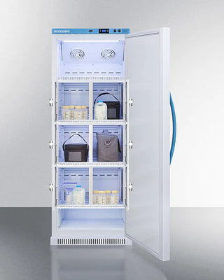 Accucold MLRS12MCLK 12 Cu.Ft. MOMCUBE® Breast Milk Refrigerator with open door displaying various items on shelves.
