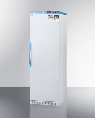 White upright Accucold MLRS15MC 15 Cu.Ft. MOMCUBE® Breast Milk Refrigerator with blue handle on a gray background