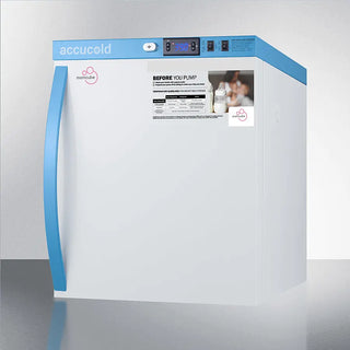 White Accucold MLRS1MC 1 Cu.Ft. Countertop MOMCUBE® Breast Milk Refrigerator with blue accents and 'accucold' branding on a gray background