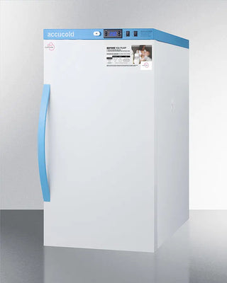White Accucold MLRS3MC 3 Cu.Ft. MOMCUBE® Breast Milk Refrigerator with blue handle on a gray background