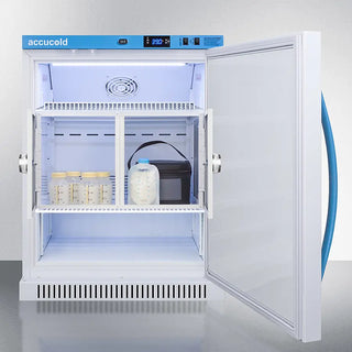 White Accucold MLRS6MCLK 6 Cu.Ft. MOMCUBE® Breast Milk Refrigerator with open door displaying various containers inside, branded 'accucold'.