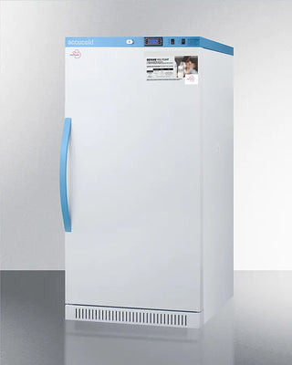 White Accucold MLRS8MC 8 Cu.Ft. MOMCUBE® Breast Milk Refrigerator with blue handles on a white background