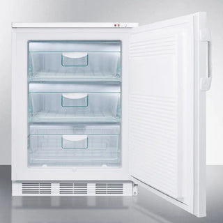 White Accucold VT65ML 24" Wide All-Freezer, 3.5 cu.ft. with open door showing three clear drawers on a light gray background