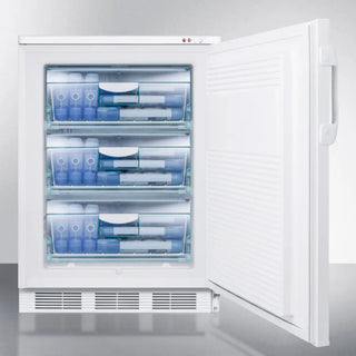 White Accucold VT65MLBI 24" Wide Built-In All-Freezer, 3.5 cu.ft. with open door displaying blue cylindrical items on a white background