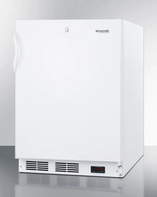 White single-door Accucold VT65MLBIADA 24" Wide Built-In All-Freezer with digital display on a gray background
