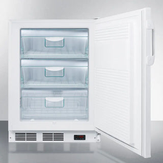White Accucold VT65MLBIADA 24" Wide Built-In All-Freezer with open door showing interior shelves on a white background