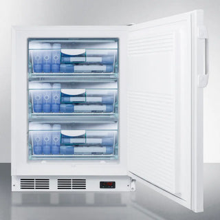White Accucold VT65MLBIADA 24" Wide Built-In All-Freezer with open door displaying blue and white containers on a white background