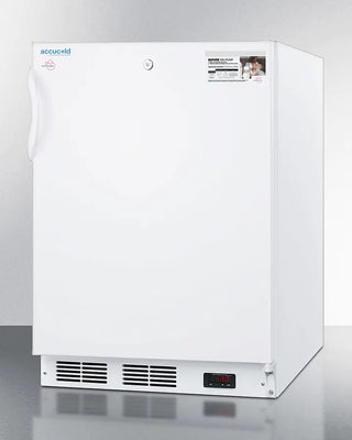 White Accucold VT65MLBIMCADA 24" Wide MOMCUBE® Breast Milk Freezer with Accucold branding on a gray background
