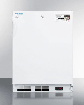 White Accucold VT65MLBIMCADA 24" Wide MOMCUBE® Breast Milk Freezer with AccuCold branding on a gray background