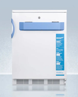 White and blue Accucold VT65MLBIMED2 24" Wide Built-In All-Freezer with a label on a light blue background