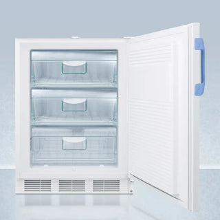 White Accucold VT65MLBIMED2ADA 24" Wide Built-In All-Freezer with open door on a light blue background