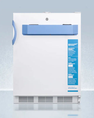 White and blue Accucold VT65MLBIMED2ADA 24" Wide Built-In All-Freezer with AccuCold branding on a light gray background