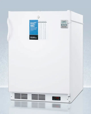 White Accucold VT65MLBIPLUS2ADA 24" Wide Built-In All-Freezer with digital display and control panel on a light blue background