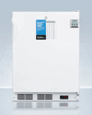 White Accucold VT65MLBIPLUS2ADA 24" Wide Built-In All-Freezer with control panel and digital display on a light blue background