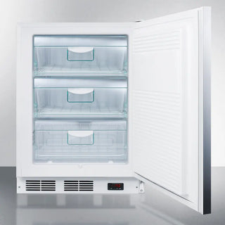 Accucold VT65MLBISSHHADA 24" Wide Built-In All-Freezer with open door showing three shelves on a white background