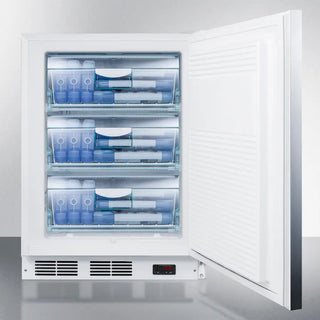 Accucold VT65MLBISSHHADA 24" Wide Built-In All-Freezer with open door displaying blue and white bottles on a light gray background
