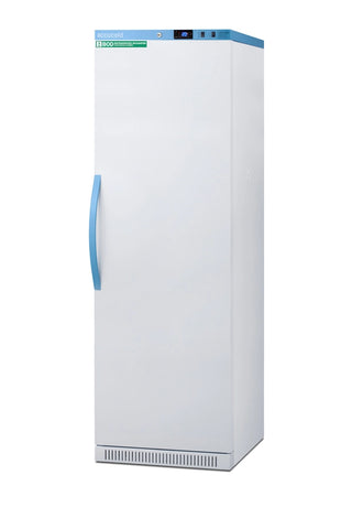 White upright freezer with blue handles on a white background