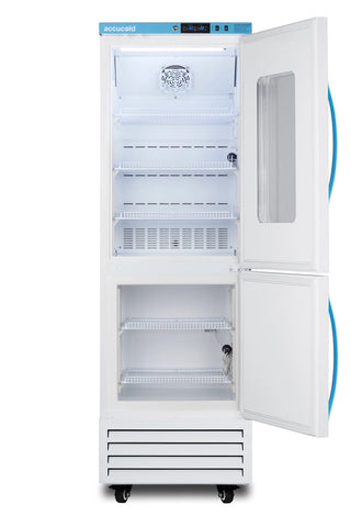White refrigerator with open door on a white background