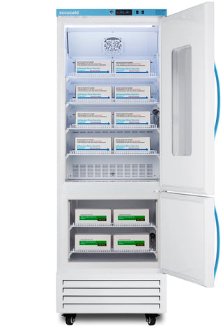 White refrigerator with open door displaying medical supplies on a white background