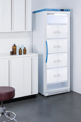 Accucold ARG15MLLOCKER 24" Upright Laboratory Refrigerator with 8 Interior Lockers and Glass Door, 15 Cu. Ft.