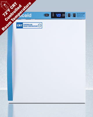 White Accucold ARS1PV-CRT refrigerator with blue accents and digital display on a white background
