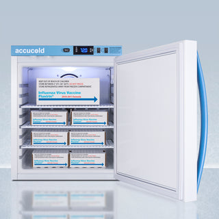 Accucold refrigerator with influenza virus vaccine boxes inside on a light gray background