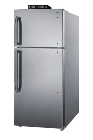Accucold BKRF21SS 30" Wide Break Room Refrigerator-Freezer with NIST Calibrated Thermometers, 20.5 cu.ft. Stainless steel refrigerator on 