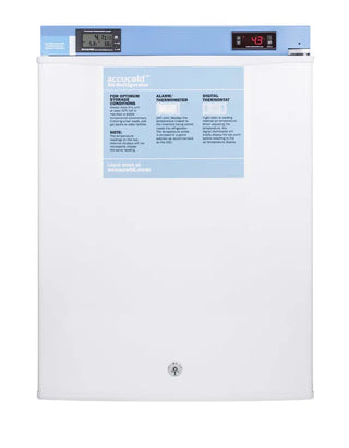 Accucold FF28LWHMED2 19" Compact All-Refrigerator MED2 Series with NIST Calibrated Thermometer, 2.4 cu.ft. White laboratory refrigerator with digital display 