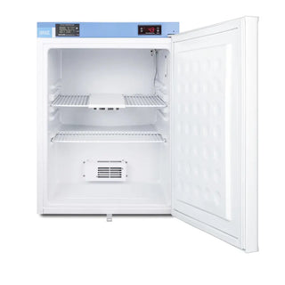 Accucold FF28LWHMED2 19" Compact All-Refrigerator MED2 Series with NIST Calibrated Thermometer, 2.4 cu.ft. White laboratory freezer with open door 