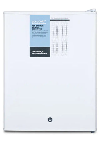 Accucold FF28LWHPRO Compact All-Refrigerator, 2.4 cu.ft., White, Digital Thermostat, Factory Installed Lock Small white refrigerator with a control panel 