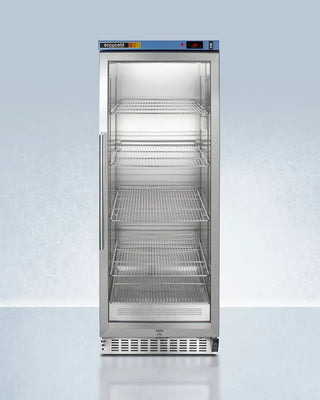Commercial blanket warmer with glass door on a light blue background