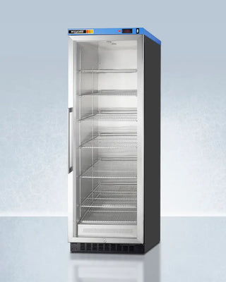 Commercial Blanket Warmer with glass door on a light blue background