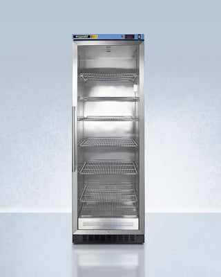 Commercial Blanket Warmer with glass door on a light blue background