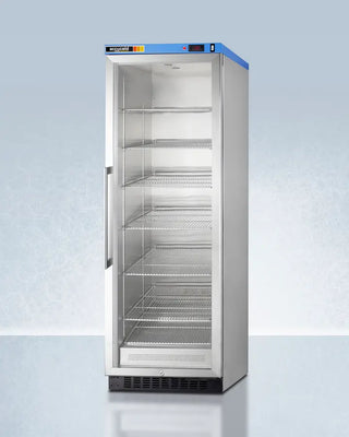 Commercial Blanket Warmer with glass door on a light blue background