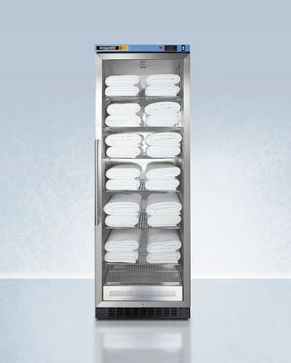 Commercially certified Blanket Warmer with stainless steel interior and blue top, on a light gray background