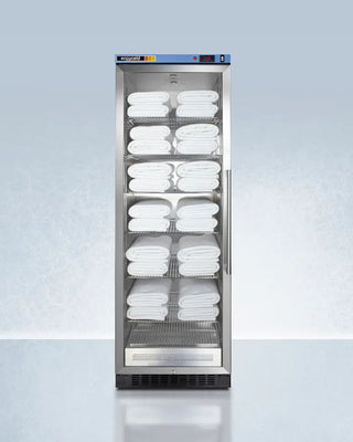 Commercially certified 24 inch wide single section Blanket Warmer with digital controls on a light blue background