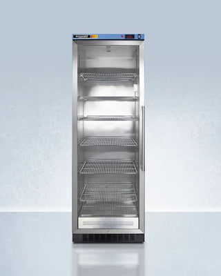 Commercial Blanket Warmer with glass door on a light blue background
