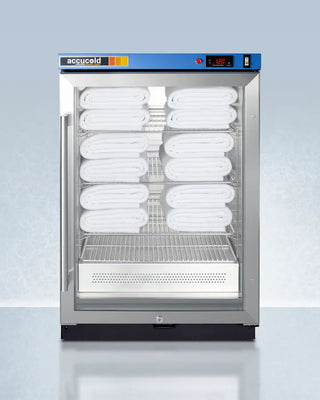 Accucold commercial Blanket Warmer with glass door displaying white coils on a light blue background