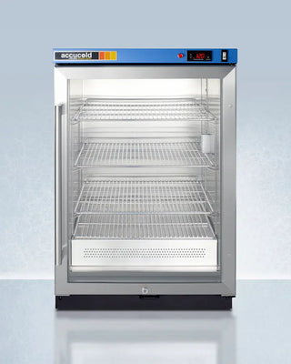 Accucold commercial Blanket Warmer with glass door on a light blue background