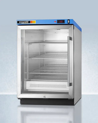 Commercial Blanket Warmer with glass door on a light blue background