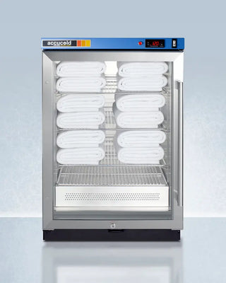 Accucold commercial Blanket Warmer with glass door on a light blue background