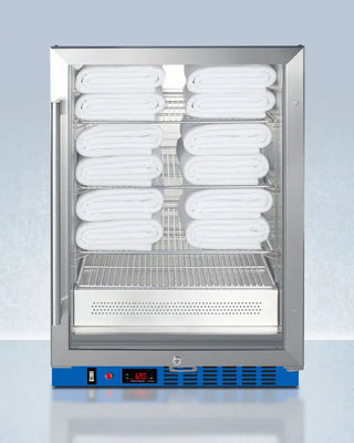 Commercial-grade Blanket Warmer with digital display on a light blue background