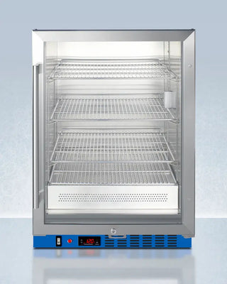 Commercial Blanket Warmer with glass door on a light blue background