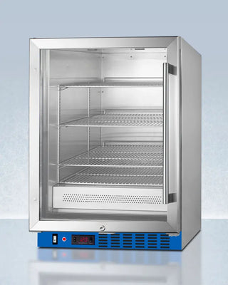 Stainless steel Blanket Warmer with glass door on a light blue background