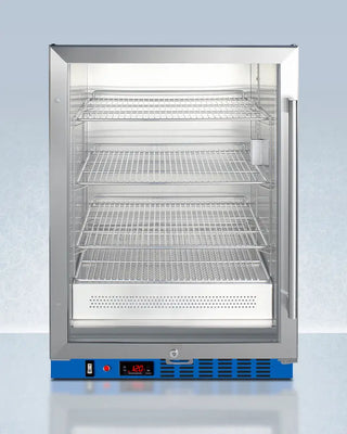 Commercial Blanket Warmer with glass door on a light blue background