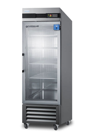 Accucold TM1AKIT monitor on a glass door lab refrigerator, angled view