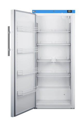 Accucold URM19WLHD with left-hinged door open showing empty shelves and door racks