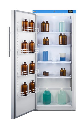 Accucold URM19WLHD door open, shelves and door racks stocked with lab bottles